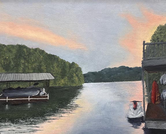 Oil painting of a lake and forest at sunset with two boat docks on either side.